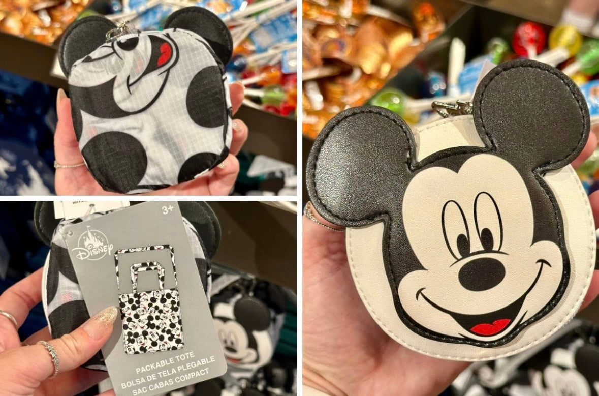 2025 Disney Parks Mickey Mouse Black White Bag Charm Keychain Packable Tote