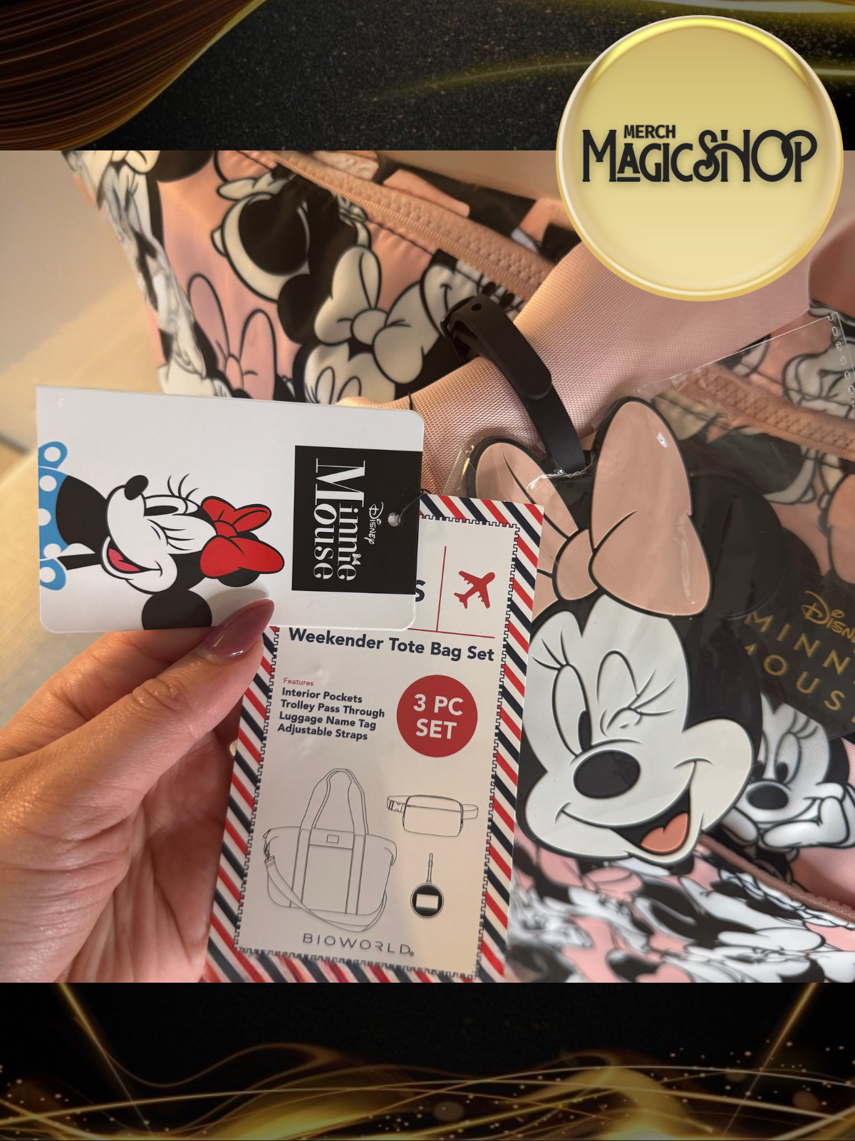 Disney Minnie Mouse 3-Piece Weekender Travel Set- Duffel, Belt Bag, Tag