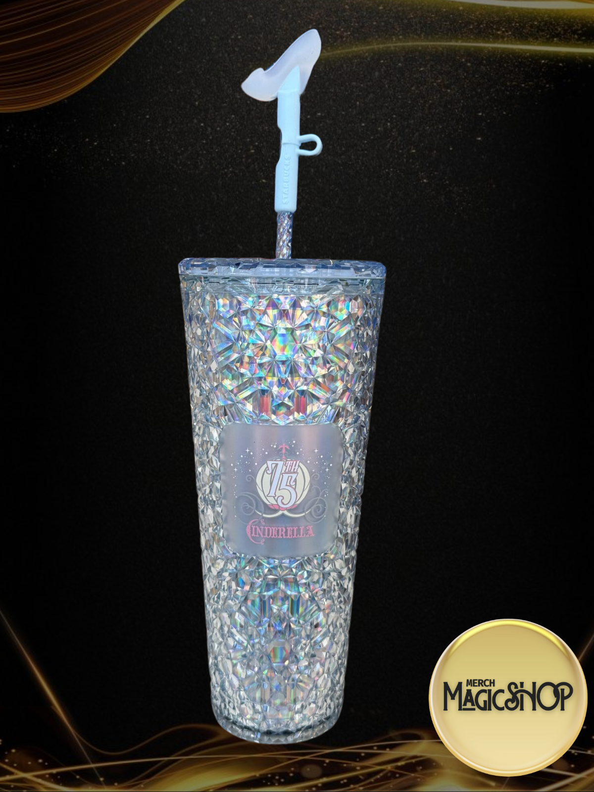 Disney Cinderella 75th Anniversary Starbucks Tumbler Glass Slipper Straw